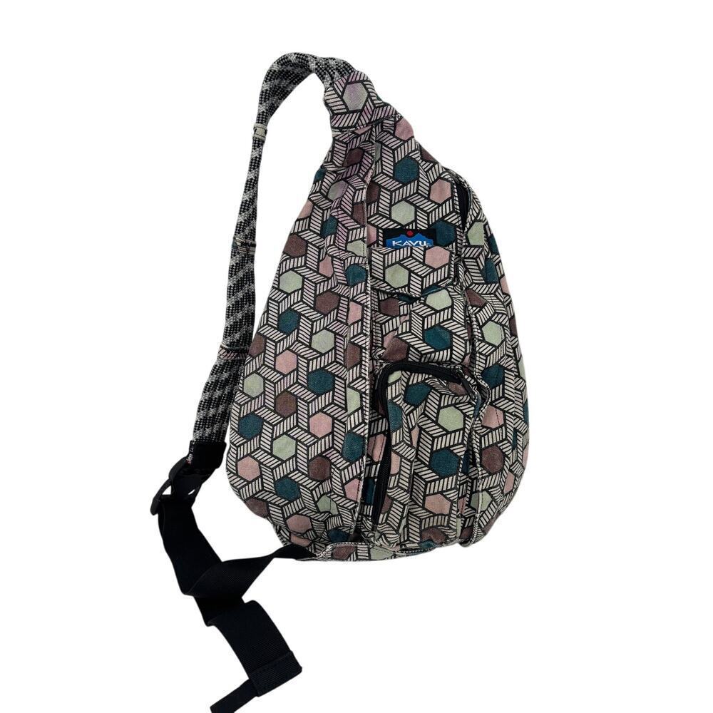 KAVU Rope Sling Bag Crossbody Hexagon Geometric Print Shoulder Backpack‎ Canvas